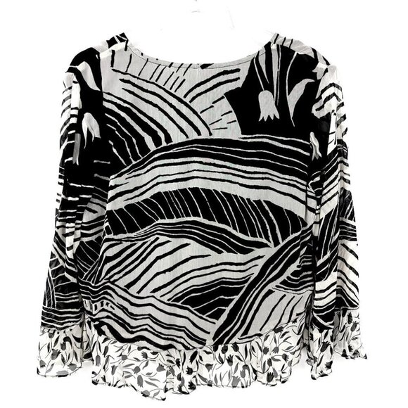 Phool Women's M B&W Floral V Neck Long Flare Sleeve Ruffled Contour Blouse - Picture 10 of 13